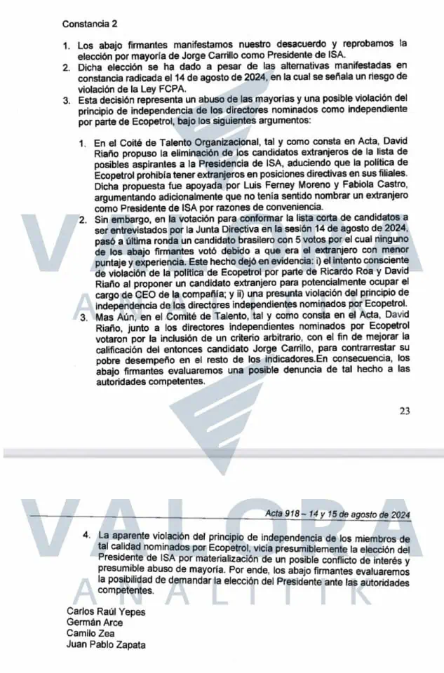 Exclusivo | Valora Analitik revela actas de la tensa Junta en la que Jorge Carrillo fue elegido presidente de ISA ISA - Constancia 2 de la Junta