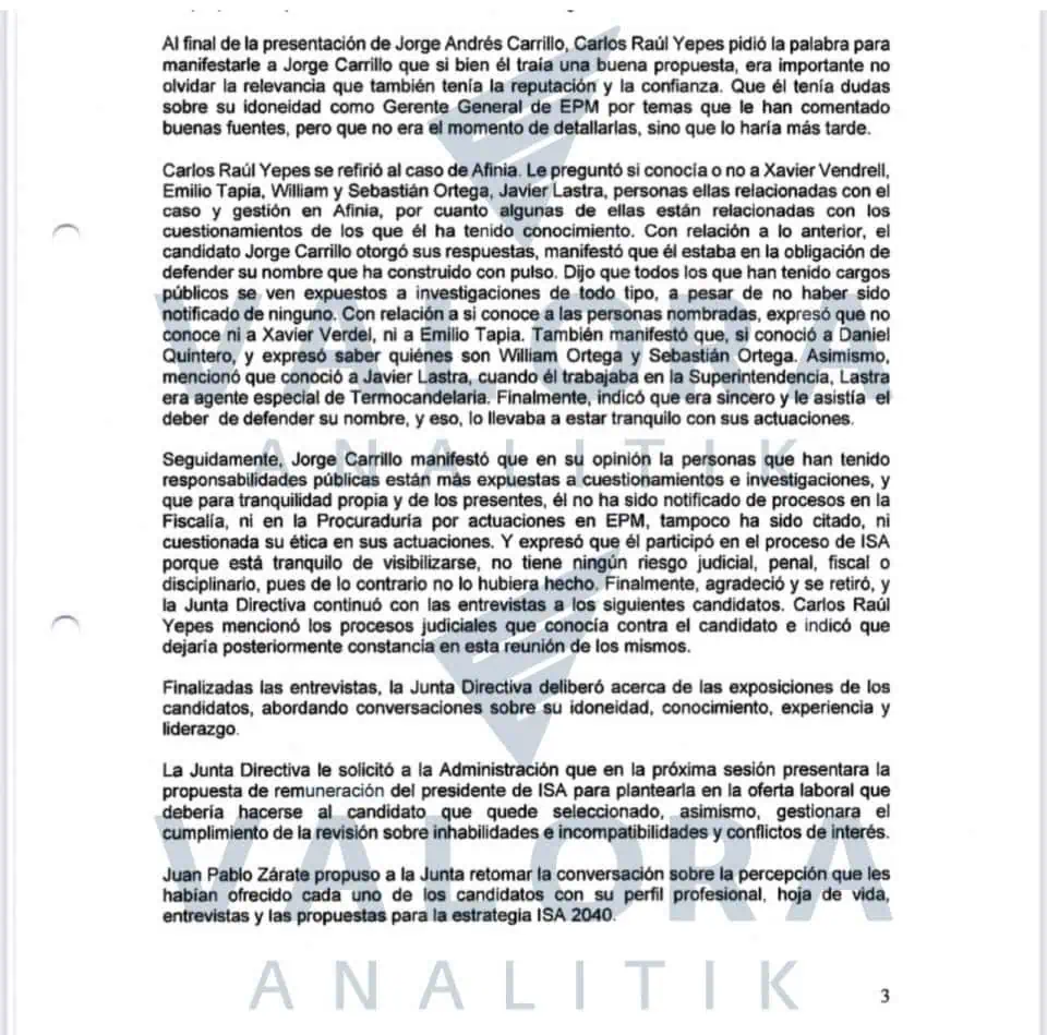 Exclusivo | Valora Analitik revela actas de la tensa Junta en la que Jorge Carrillo fue elegido presidente de ISA Declaración Carlos Raúl Yepes en la Junta de ISA