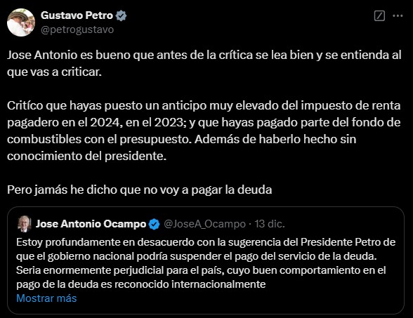 Petro responde a Ocampo por pago de servicio de la deuda de Colombia