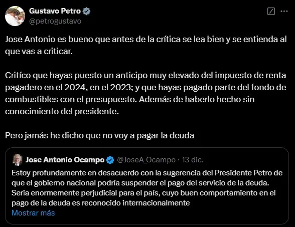 Presidente Petro asegura que Colombia no va a dejar de pagar el servicio de la deuda Petro responde a Ocampo por pago de servicio de la deuda de Colombia