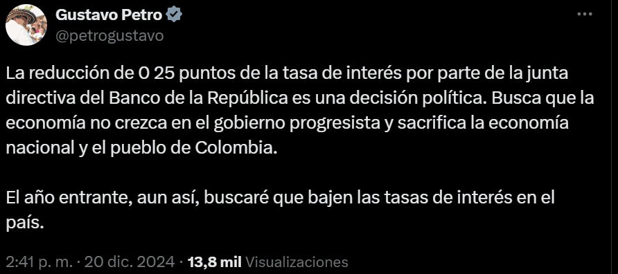 Petro critica al Banco de la República por menor reducción de tasas: “Es una decisión política” Petro sobre tasas de interés