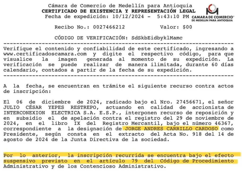 Suspenden inscripción de Jorge Carrillo como representante legal de ISA Suspensión de Carrillo.