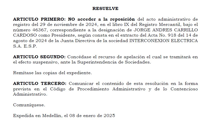 SuperSociedades definirá el futuro de Jorge Carrillo como presidente de ISA; registro seguirá suspendido Apelación Jorge Carrillo a SuperSociedades