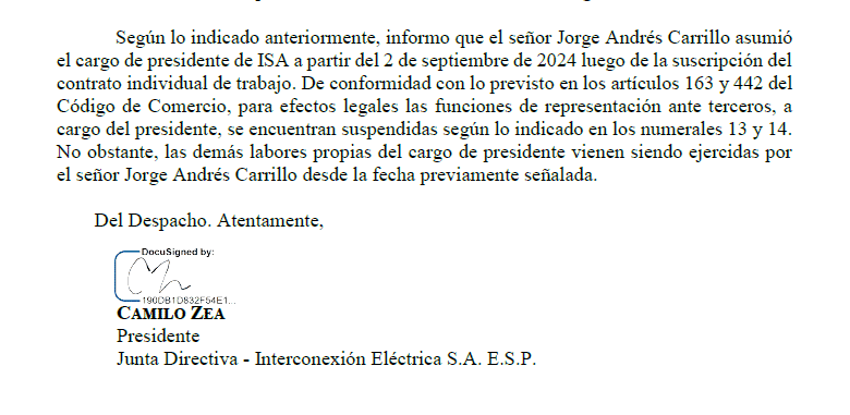 Presidente de la Junta de ISA confirma: Jorge Carrillo sigue sin ser representante legal Carta de Camilo Zea sobre Jorge Carrillo como representante legal de ISA