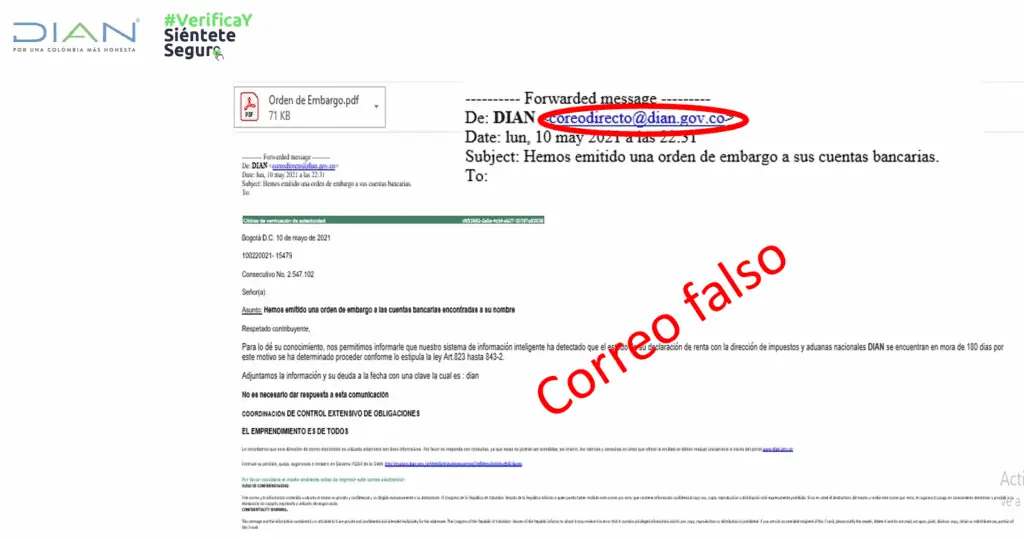 Cuidado con las estafas: ¿Cómo verificar si un correo electrónico es de la DIAN? Estafas, ejemplo correo falso de la DIAN