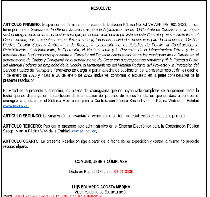 Primicia | Gobierno Petro suspendió la licitación de la primera gran APP para un ferrocarril Resolución de suspensión Dorada - Chiriguaná