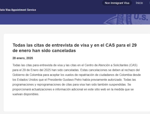 Embajada de Estados Unidos vuelve a cancelar las citas para la visa