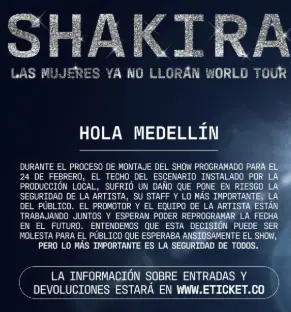 Páramo confirma suspensión de concierto de Shakira en Medellín y revela inesperados problemas en logística Páramo confirma suspensión de concierto de Shakira en Medellín y revela inesperados problemas en logística