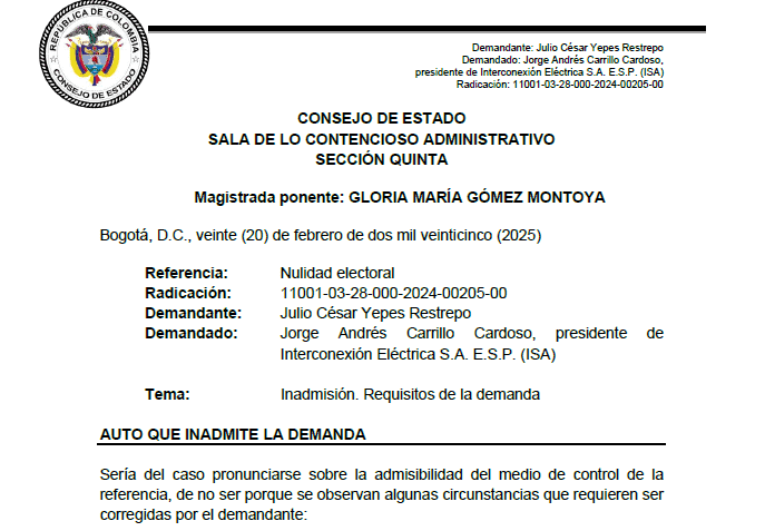 Primicia | Inadmiten demanda contra la elección de Jorge Carrillo en ISA, pero esta será corregida Demanda Jorge Carrillo como presidente de ISA