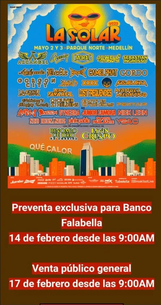 Estos son los artistas que se presentarán en La Solar en Medellín Cartel de artistas que se presentarán en La Solar.Imagen: Captura de pantalla redes sociales.