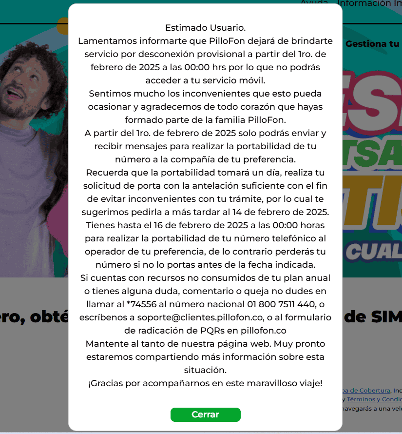 Empresa de telefonía de Luisito Comunica se fue de Colombia: Estas son las razones Comunicado de Pillofon Colombia. Imagen: captura de pantalla de la página oficial de la empresa.