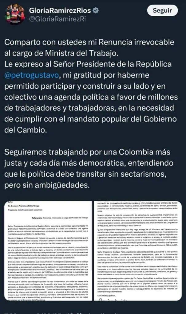Gloria Inés Ramírez, ministra de Trabajo, renuncia al gabinete del presidente Petro Gloria Inés Ramírez, ministra de Trabajo, renuncia al gabinete del presidente Petro