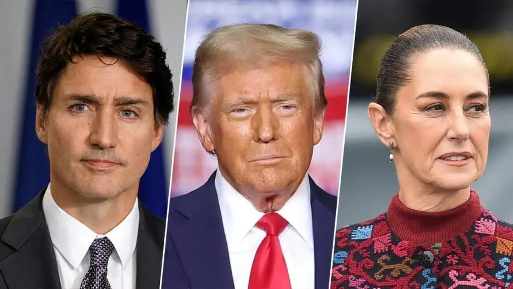 Canadá y México responden con fuerza a aranceles de Trump y comienza guerra comercial Trudeau, Trump y Sheinbaum