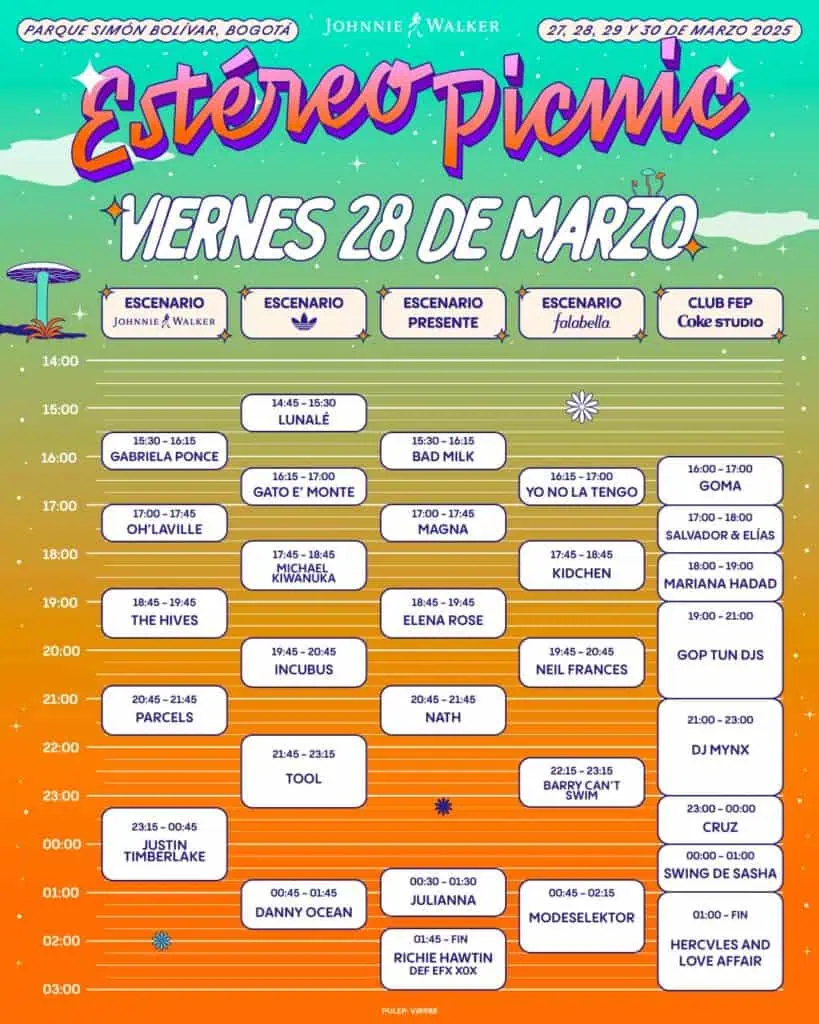 Así quedaron los horarios por días del Festival Estéreo Picnic 2025 FEP 28 de marzo. Foto: tomada de Instagram @paramopresenta