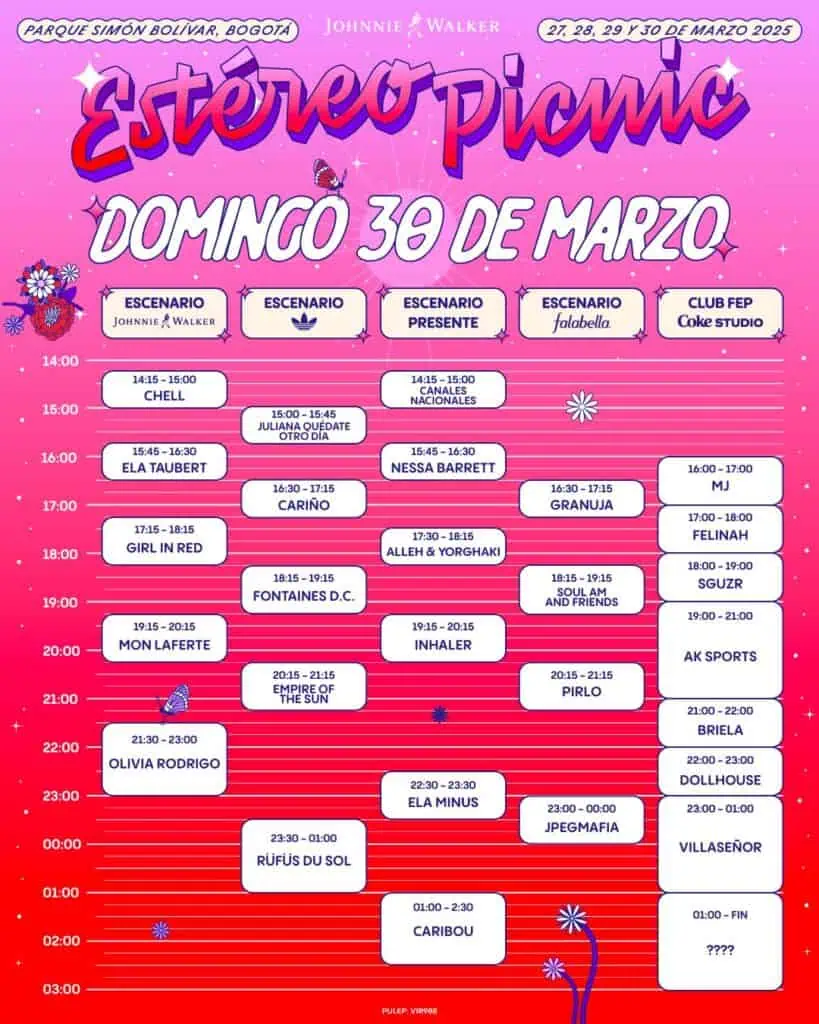 Así quedaron los horarios por días del Festival Estéreo Picnic 2025 FEP 30 de marzo. Foto: tomada de Instagram @paramopresenta