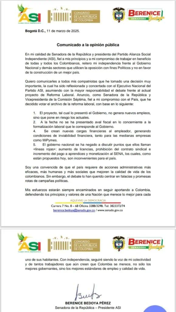 La reforma laboral de Petro, al borde del archivo: hundimiento parece inminente Comunicado de Bedoya