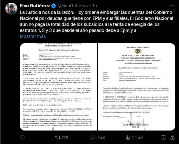 EPM gana pulso al Gobierno Petro: Ordenan embargar cuentas de la Nación para pagar subsidios de energía