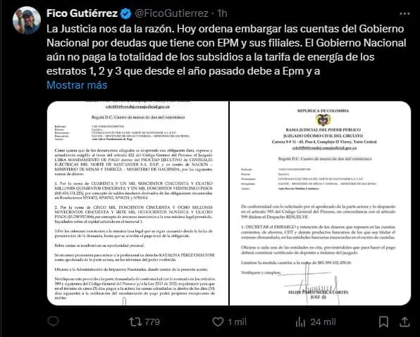 EPM gana pulso al Gobierno Petro: Ordenan embargar cuentas de la Nación para pagar subsidios de energía EPM gana pulso al Gobierno Petro: Ordenan embargar cuentas de la Nación para pagar subsidios de energía