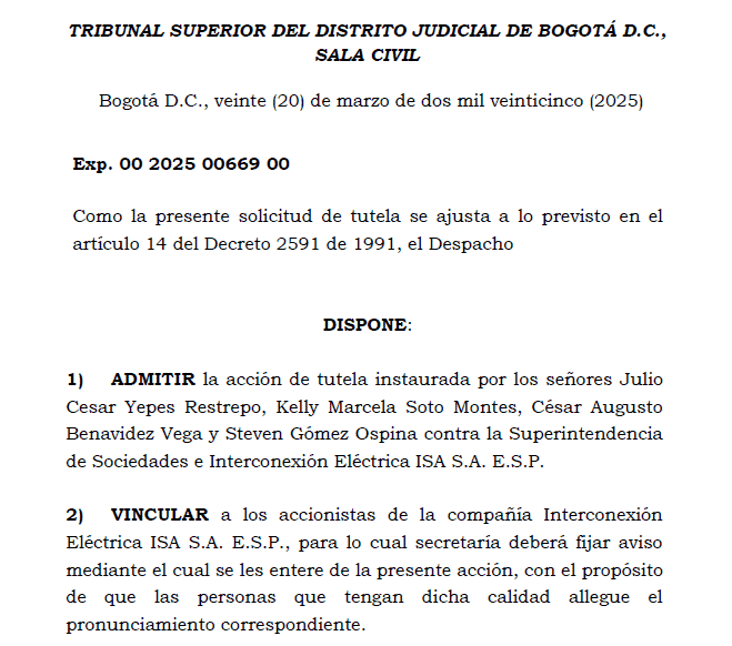 Primicia | Admiten tutela contra ISA y la SuperSociedades por presunta falta de información a accionistas Tutela ISA