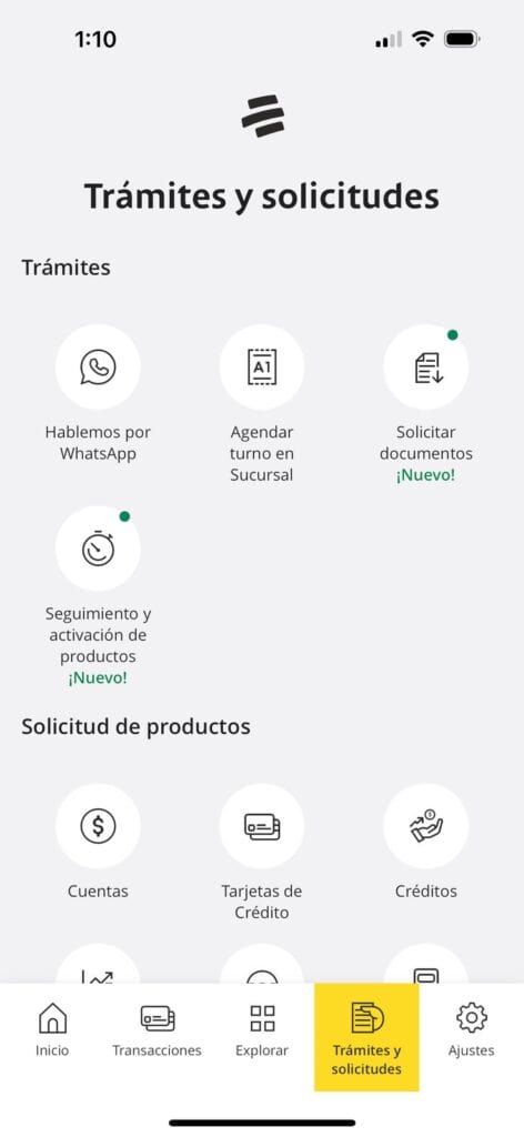 Transacciones y solicitudes en la app. Imagen: captura de pantalla.