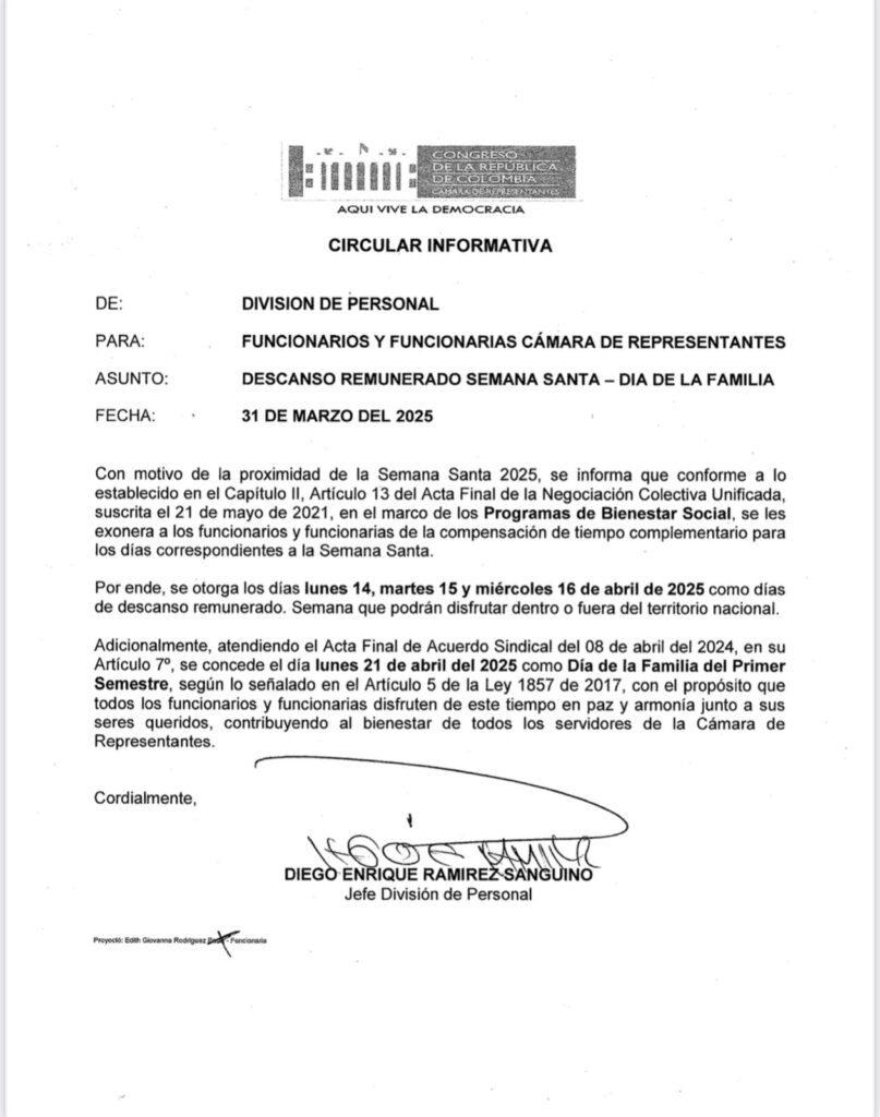 Congreso no trabajará en Semana Santa: habrá receso del 14 al 21 de abril Circular del Congreso