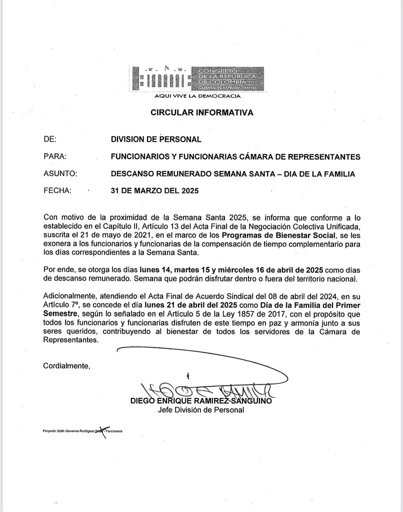 Congreso no trabajará en Semana Santa: habrá receso del 14 al 21 de abril Circular del Congreso
