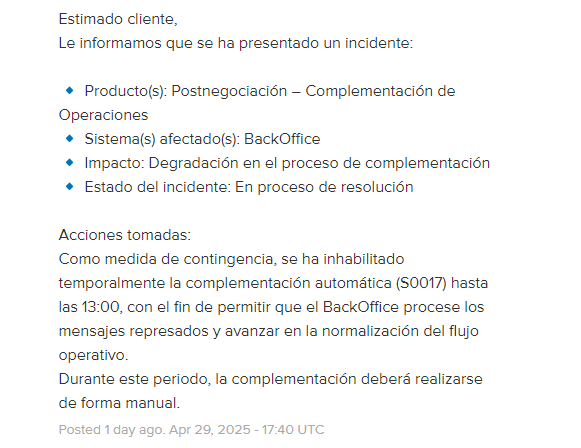 Estado de servicios de la bvc el 29 de abril