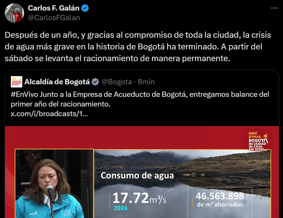 Galán confirma que se acaba el racionamiento de agua en Bogotá Racionamiento Bogotá