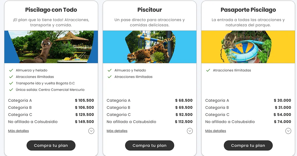 Las personas que podrán entrar gratis a Piscilago en Semana Santa Tarifas de Piscilago según categoría. Foto: captura de pantalla de la página oficial del parque acuático.