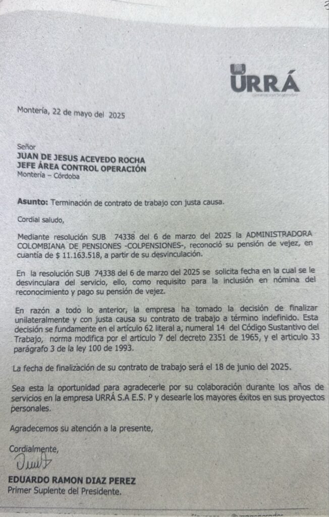 Carta del actual presidente de Urrá