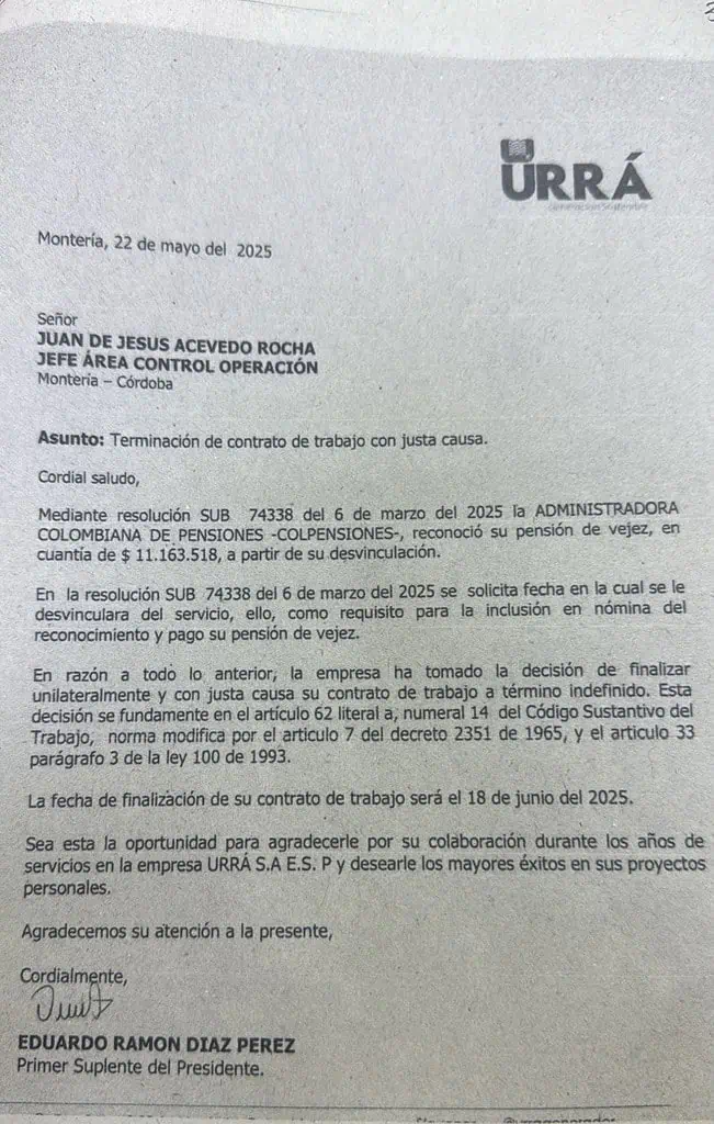 Nuevo lío en la Hidroeléctrica Urrá: Junta Directiva nombró presidente (e) a un trabajador pensionado y despedido Carta del actual presidente de Urrá