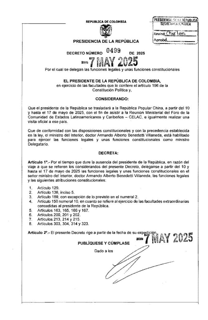 Confusión en reemplazo presidencial por viaje a China: Petro menciona a Jaramillo, decreto nombra a Benedetti