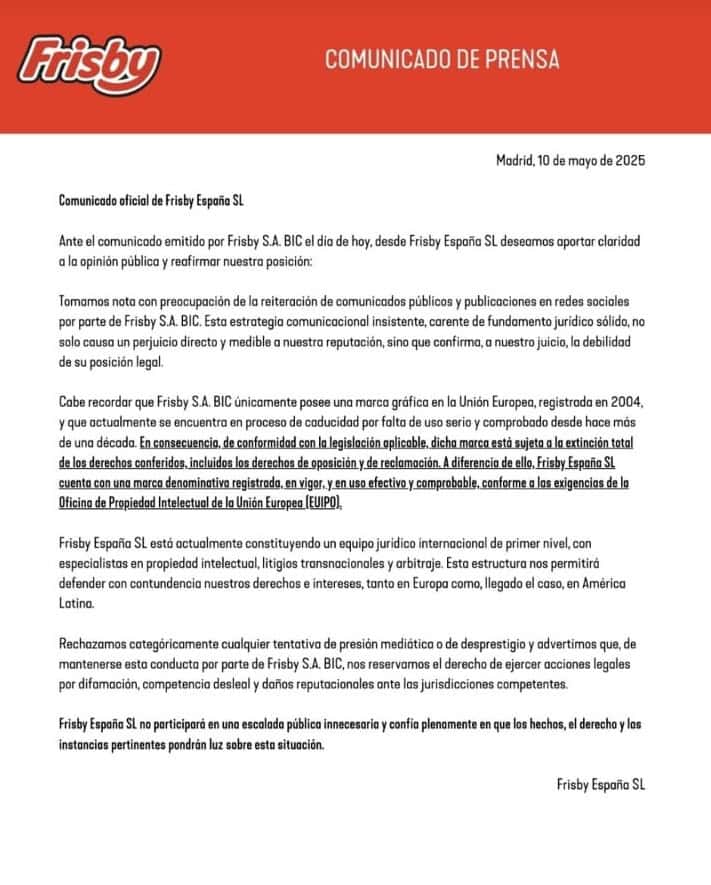 Frisby Colombia niega que denuncia de marca en España sea estrategia de marketing Frisby España responde
