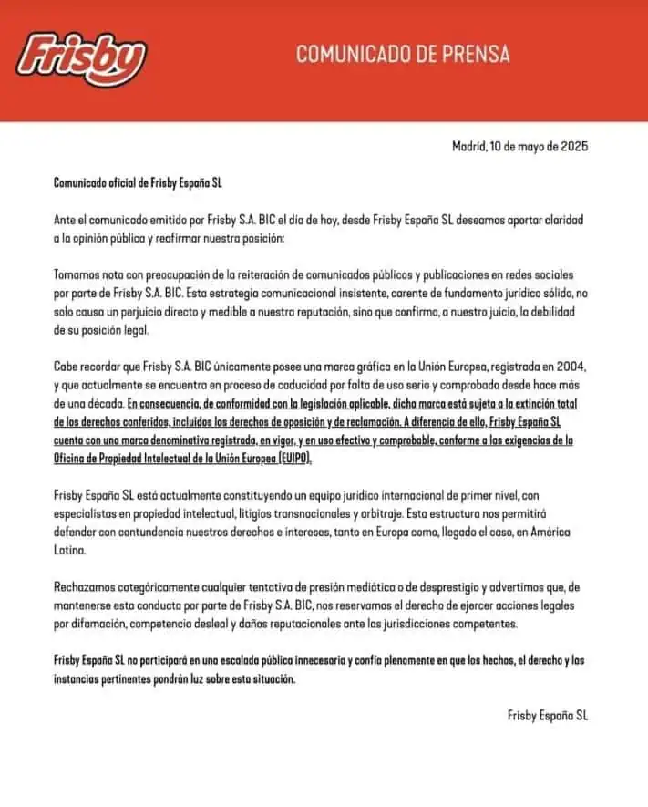 Frisby Colombia niega que denuncia de marca en España sea estrategia de marketing Frisby España responde