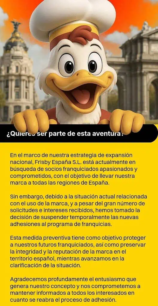 Frisby España suspende temporalmente su programa de franquicias en medio de controversia legal Comunicado de Frisby España