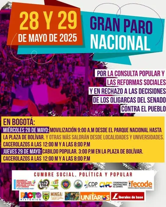Sindicatos vuelven a paro nacional para presionar aprobación de consulta popular y reformas de Petro Paro nacional