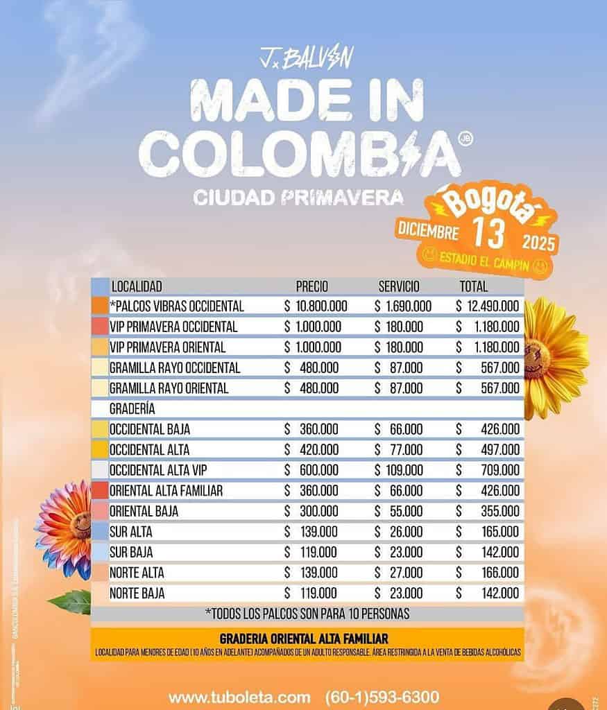 Precios de la boletería para J Balvin. Foto: tomada de @conciertoscolombia.oficial