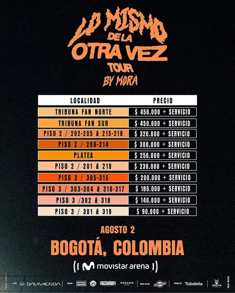 Mora regresa a Bogotá con su tour ‘Lo Mismo de La Otra Vez’: Estos son los precios de las boletas Precios para el concierto de Mora en Bogotá. Foto: tomada de Tuboleta.
