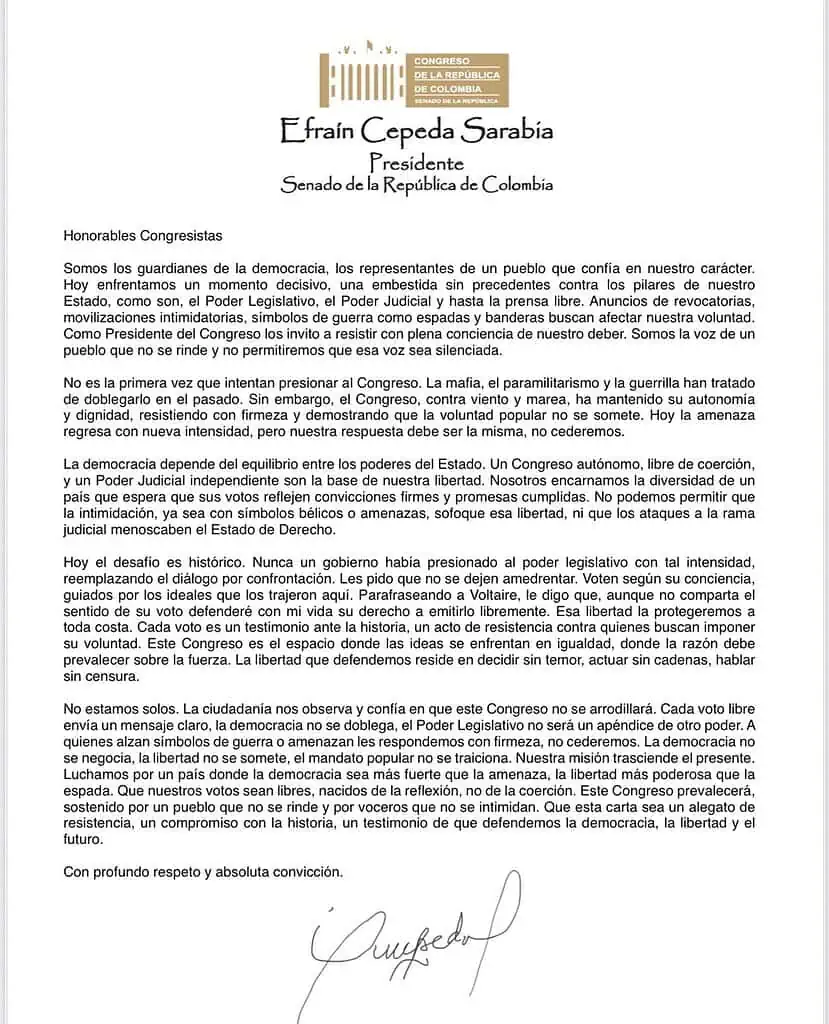 Presidente del Congreso denuncia presión del Gobierno para votar mini reforma laboral y consulta popular carta de Efraín Cepeda