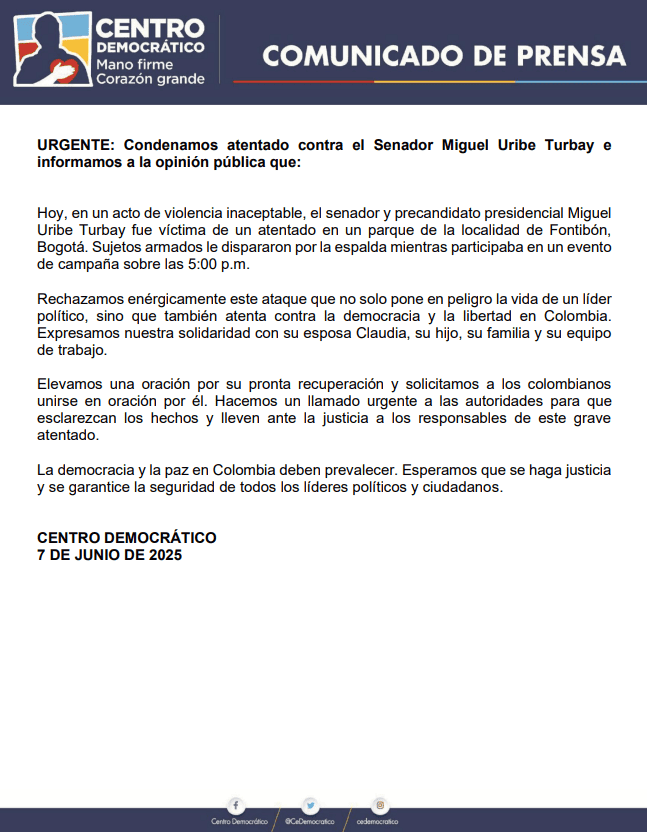 Miguel Uribe, precandidato presidencial, fue víctima de atentado en Bogotá Comunicado Centro Democrático Miguel Uribe