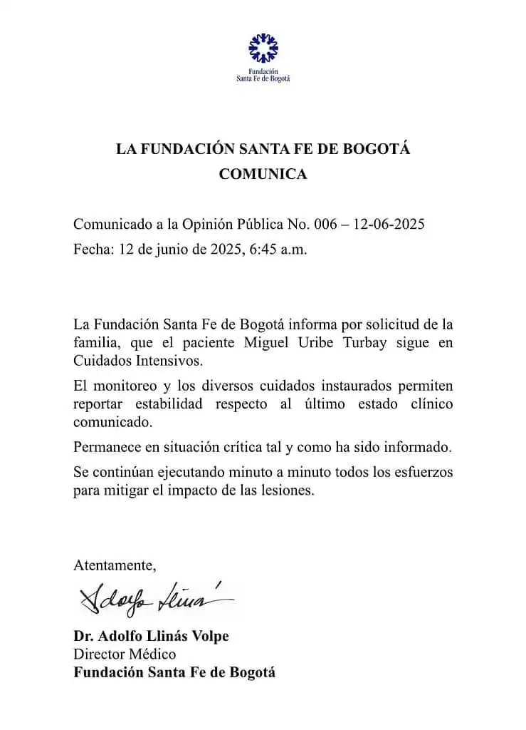 Nuevo parte sobre la salud de Miguel Uribe dice que hay “estabilidad” Estado de salud de Miguel Uribe