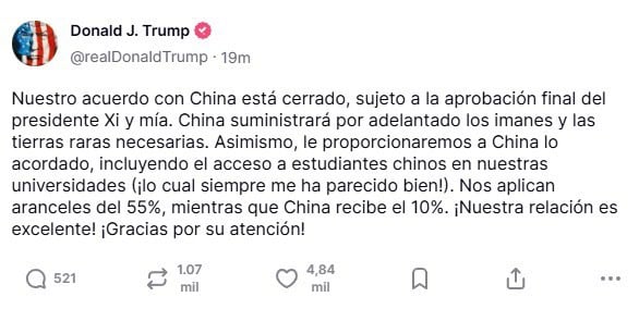 Estados Unidos y China alcanzan acuerdo para mantener tregua comercial