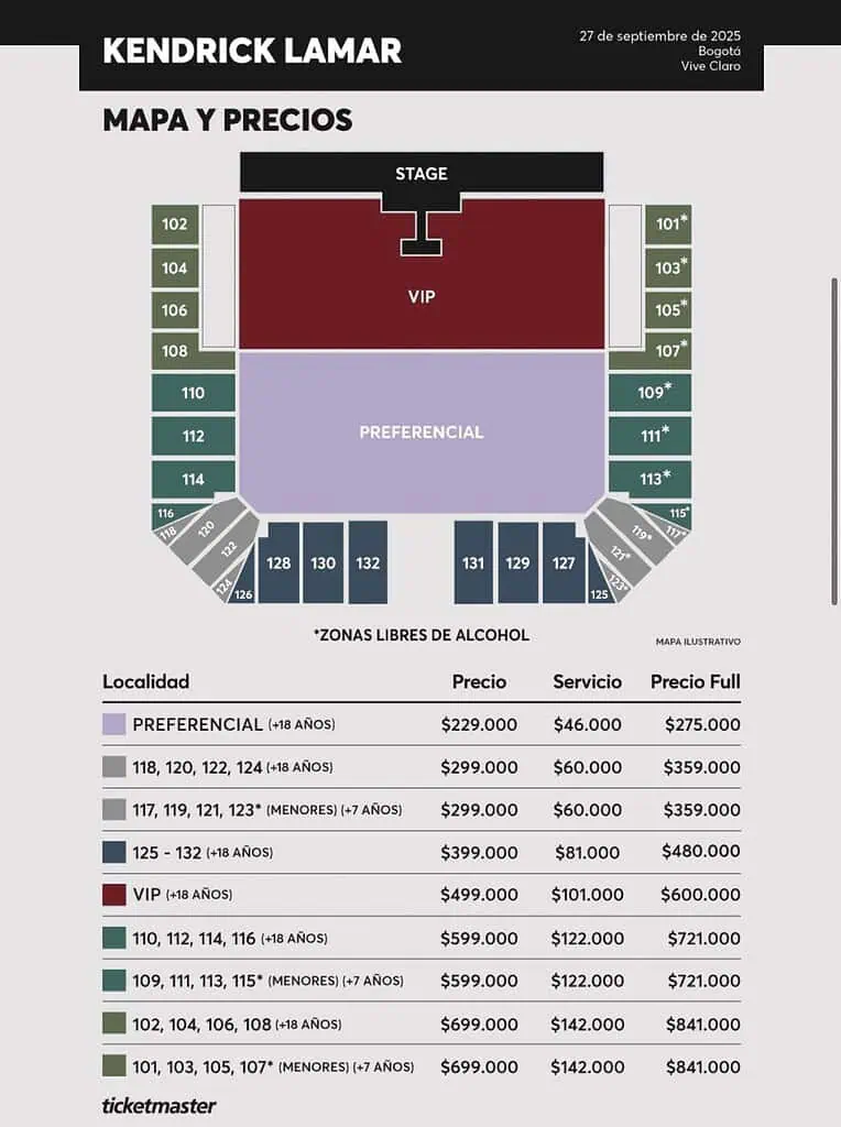 Kendrick Lamar llega por primera vez a Colombia con su Grand National Tour: Estos son los precios Precios Kendrick Lamar. Foto: cortesía Ticketmaster.
