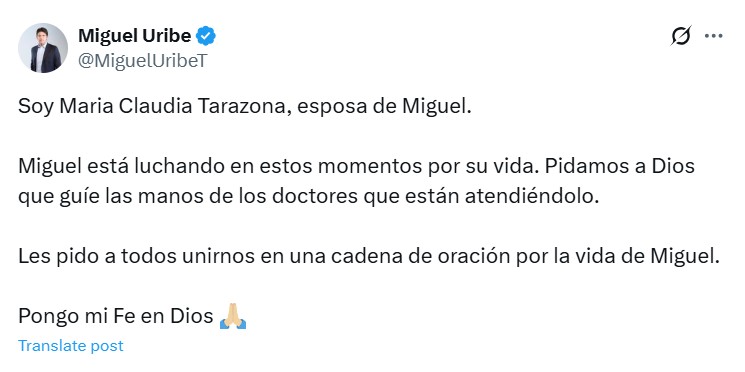 Reacción esposa de Miguel Uribe
