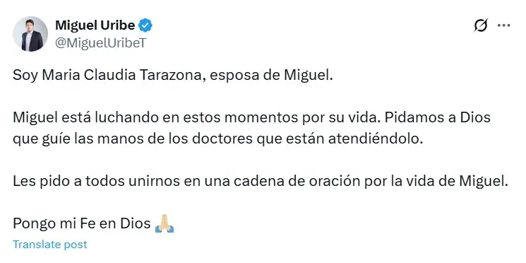 “Miguel está luchando por su vida”: La primera reacción de la familia de Miguel Uribe Turbay tras atentado Reacción esposa de Miguel Uribe
