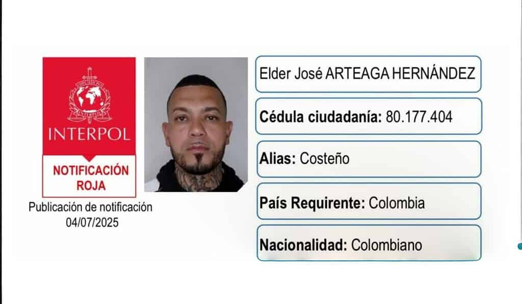 Aviso de circular roja de la Interpol contra alias "El Costeño".