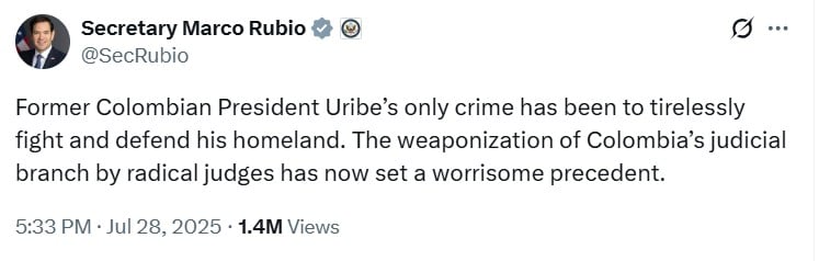 Marco Rubio sobre caso de Álvaro Uribe