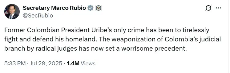 Gobierno de Estados Unidos se pronunció por caso de Álvaro Uribe: Apuntan a justicia “instrumentalizada” Marco Rubio sobre caso de Álvaro Uribe