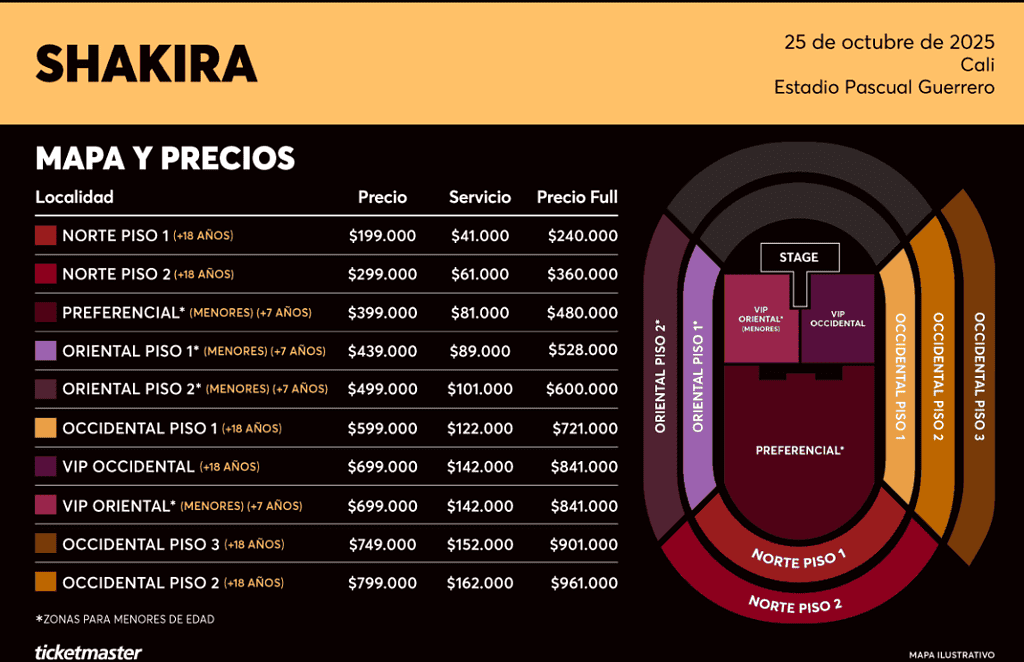 Precios del concierto de Shakira en Cali. Foto: tomada de la página de Ticketmaster.