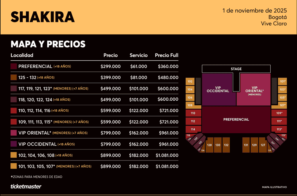 Precios del concierto de Shakira en Bogotá. Foto: tomada de la página de Ticketmaster. 